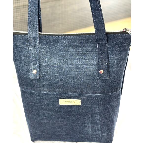 Handmade Upcycled Color Block Embroidered Shoulder Tote Bag Cotton Lined Pockets - Picture 4 of 12